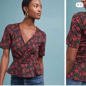 Anthropologie Heartland Floral Peplum Top (Black Motif) (M)